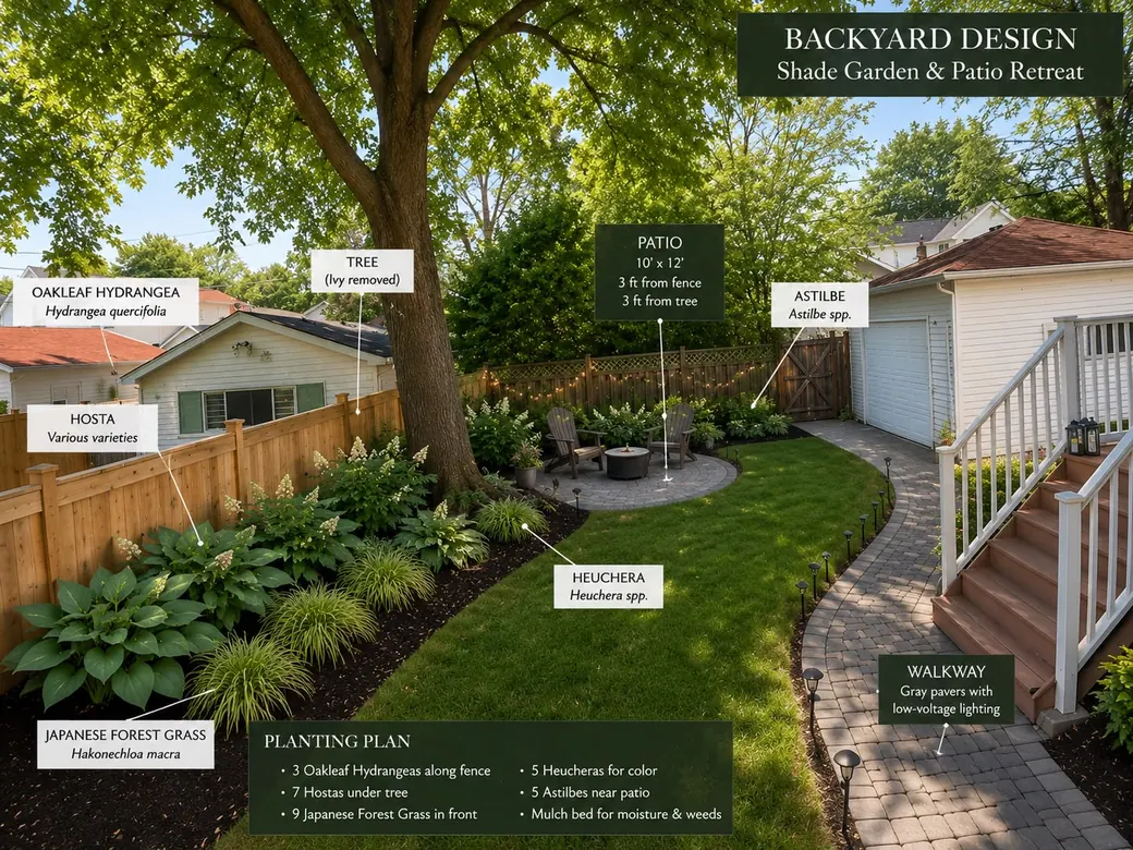 Backyard shade garden and patio retreat landscaping design