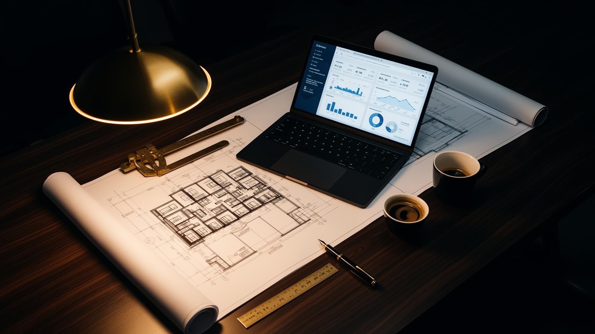 Investor reviewing architectural blueprints and property investment data